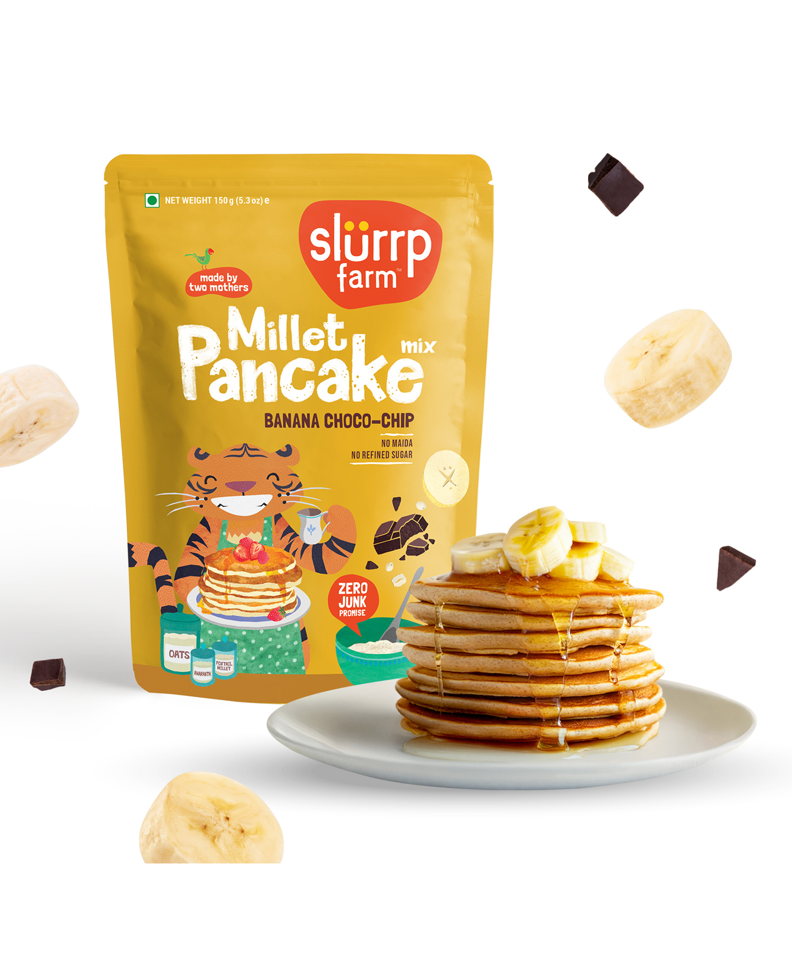 Slurrp Farm No Maida Pancake Mix Instant Breakfast Mix Made with Oats and Jowar 100% Vegetarian Eggless Healthy Breakfast for Kids & Adults Banana Chocochip - 150 gm
