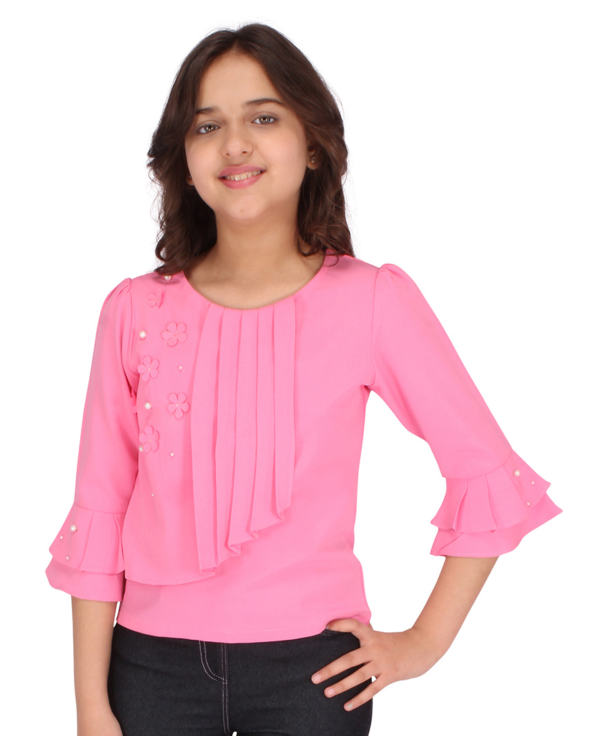 Cutecumber Three Fourth Sleeves Pearls & Flowers Embellished Top - Pink-image-41