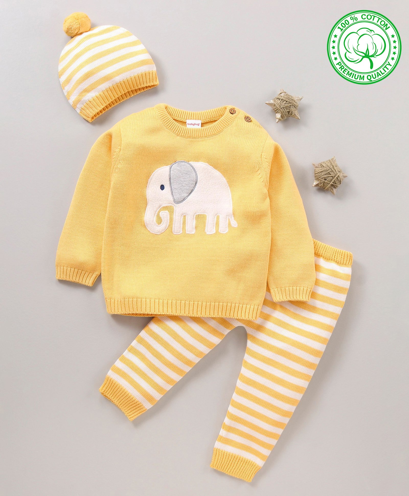 Babyhug 100% Organic Cotton Full Sleeves Sweater Set With Cap Stripes Design & Elephant Patch - Yellow-image-30