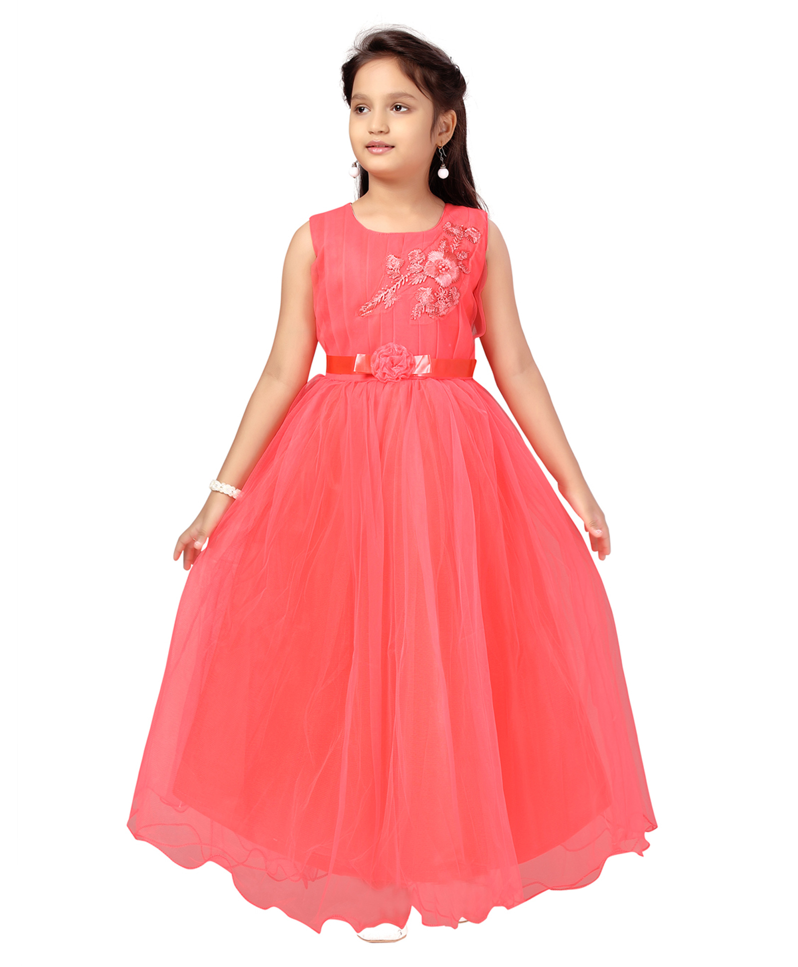 Aarika Sleeveless Floral Applique Embellished Yoke Solid Gown - Gajri Red-image-1