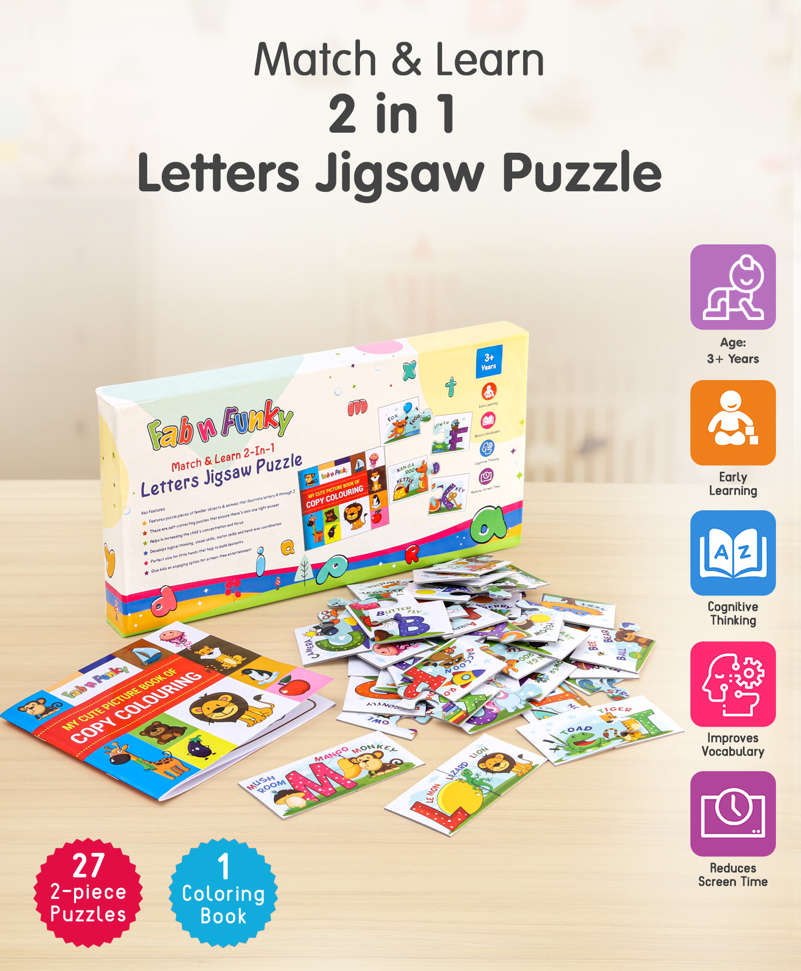Match & Learn 2 In 1 Letters Jigsaw Puzzle with Coloring Book- 52 Pieces-image-33