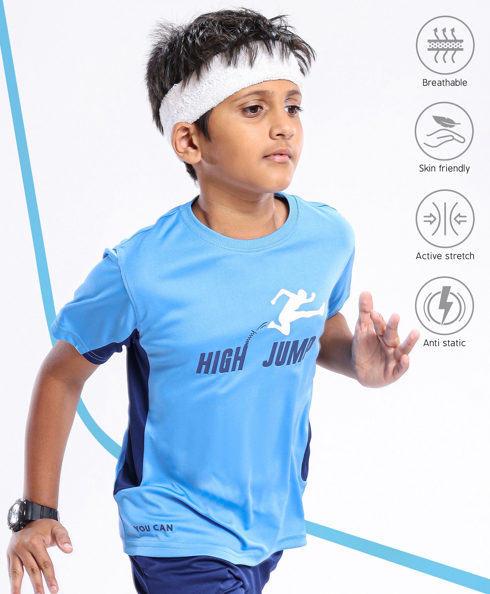 Pine Active Skin Friendly & Breathable Half Sleeves Tee High Jump Print - Light Blue Black-picture-19