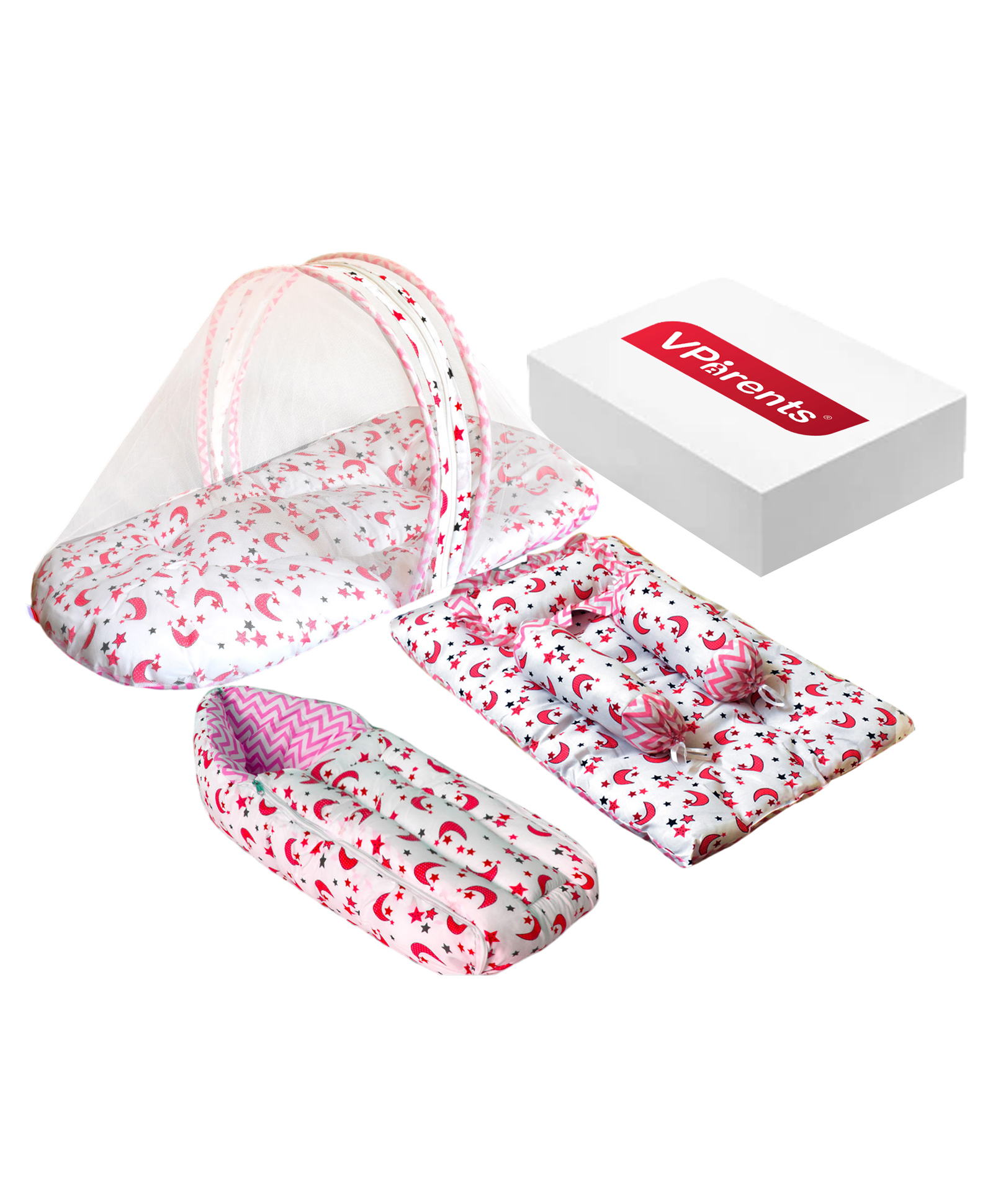 Vparents Galaxy Baby 4 Piece Gadda Set With Pillow And Bolsters Sleeping Bag And Mosquito Net Bedding Set Combo - Pink-image-25