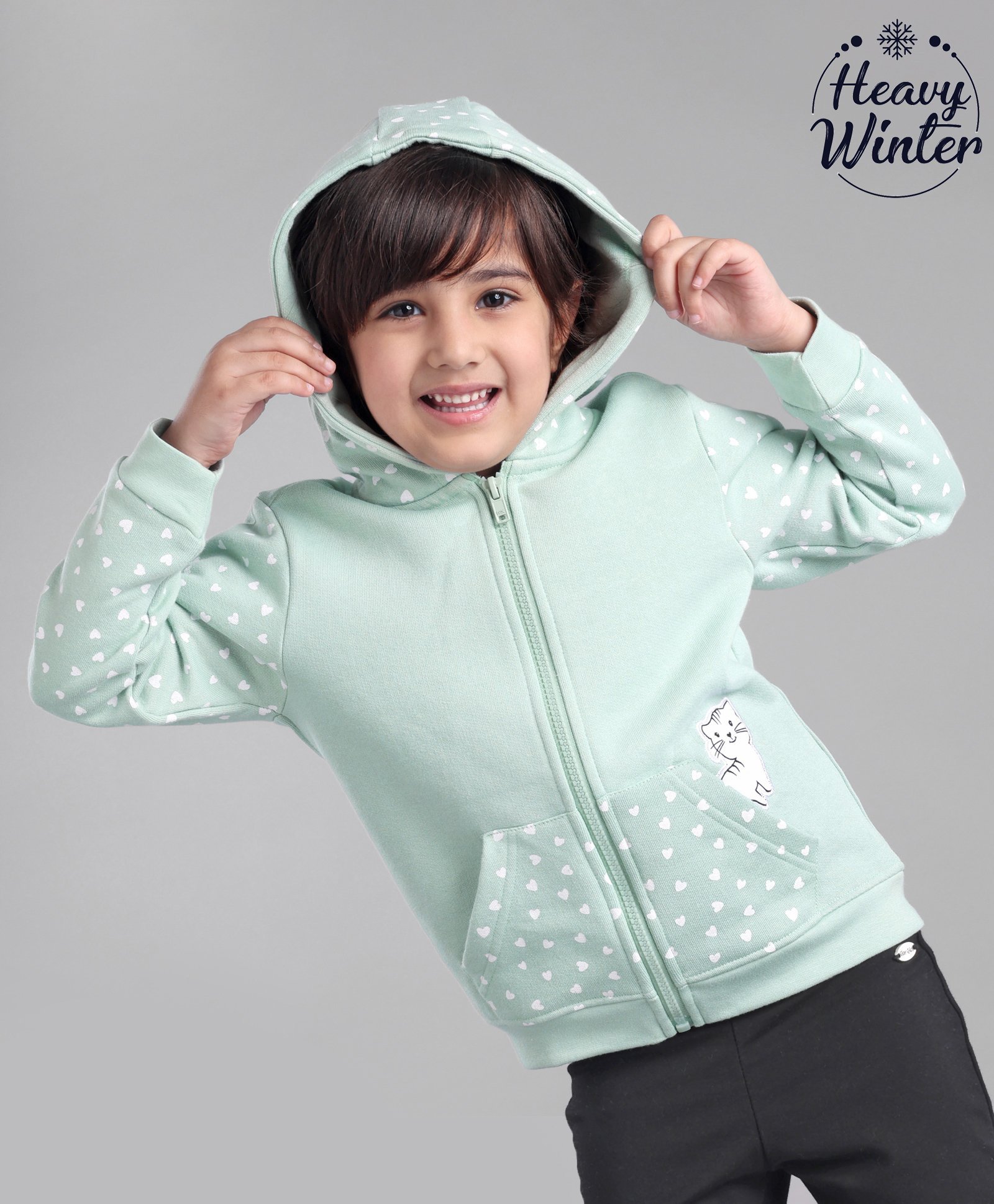 Babyoye Brushed Fleece Full Sleeves Hooded Sweatshirt Cat Patch & Heart Print - Green-picture-13