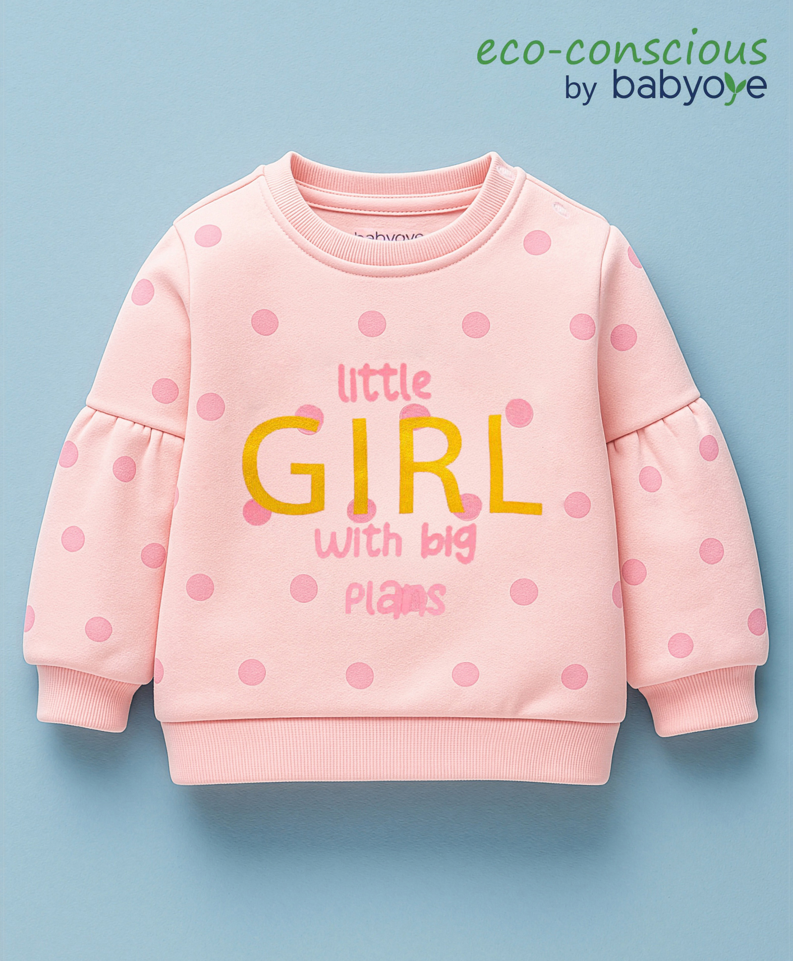 Babyoye Full Sleeves Cotton Brushed Fleece Sweatshirt Polka Dot & Text Print- Peach-image-9