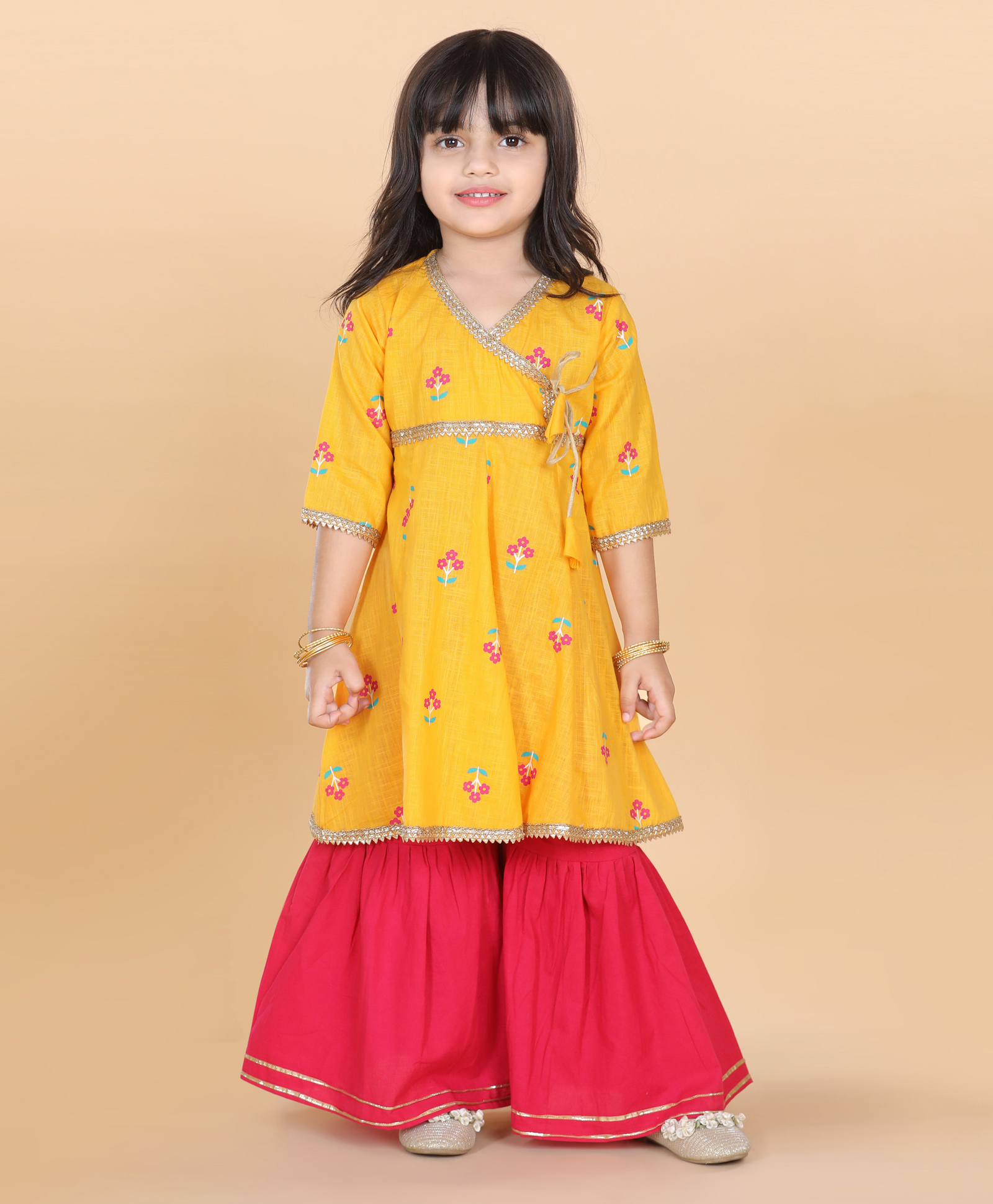 Adiva Three Fourth Sleeves Floral Motif Print Angrakha Kurti With Sharara - Yellow-picture-3