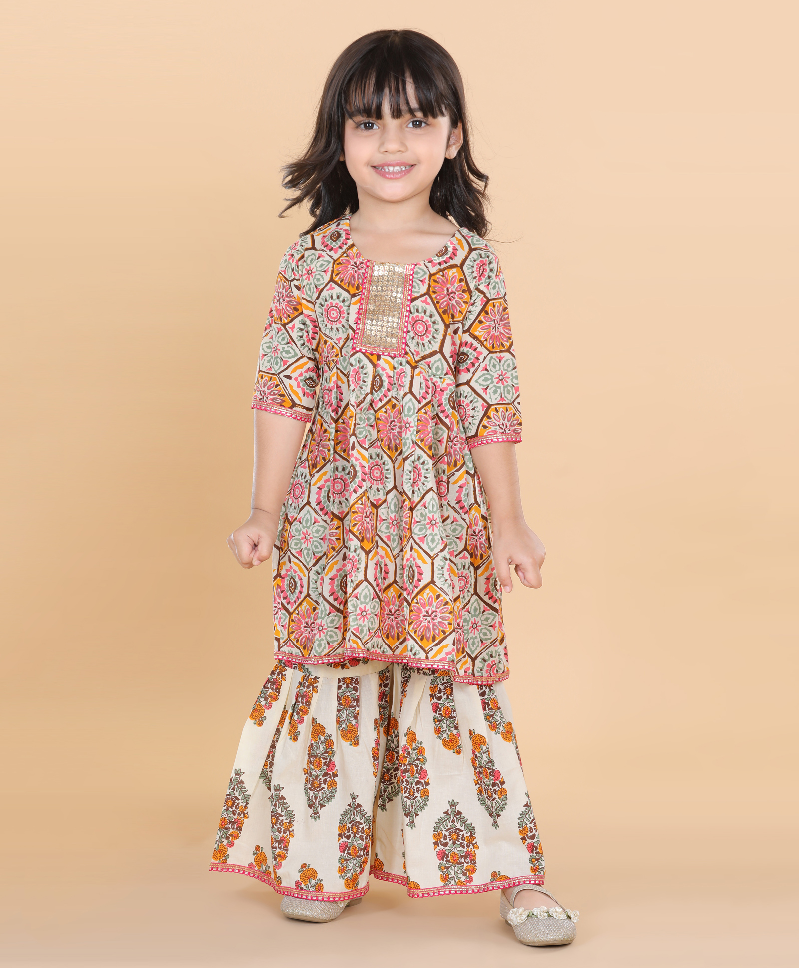 Adiva Three Fourth Sleeves Floral Motif Print Kurti With Sharara - White-picture-1