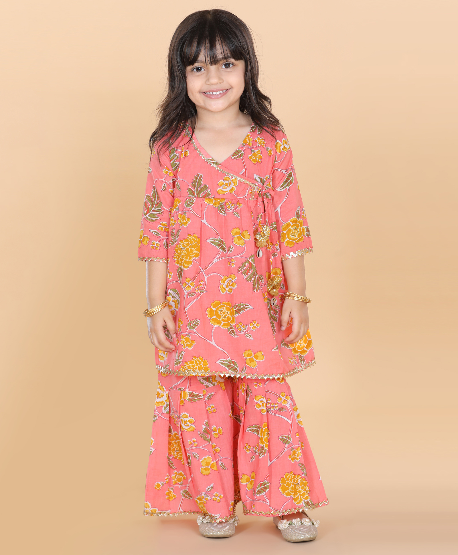 Adiva Three Fourth Sleeves Floral Printed Angrakha Kurta & Sharara Set - Peach-picture-2