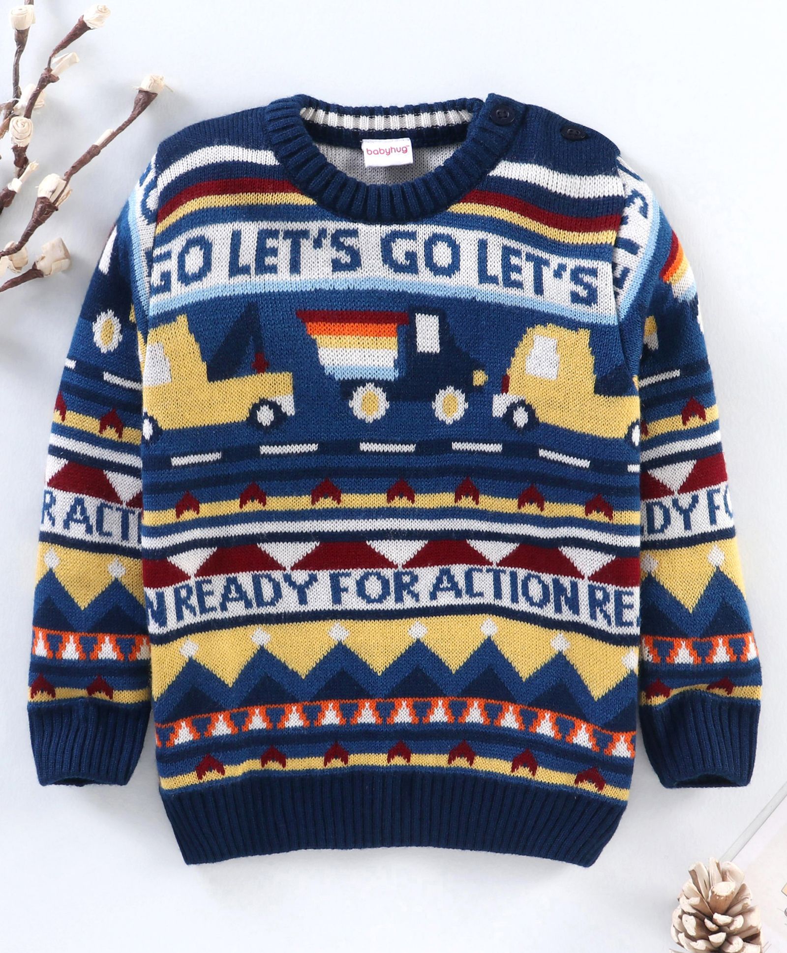 Babyhug Full Sleeves Knit Jacquard Sweater - Navy-image-22