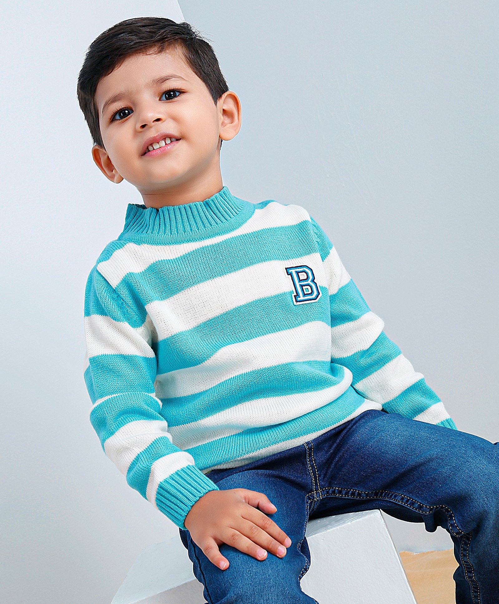 Babyhug Full Sleeves Knit Striped Pullover Text Patch - Aqua Blue-image-33