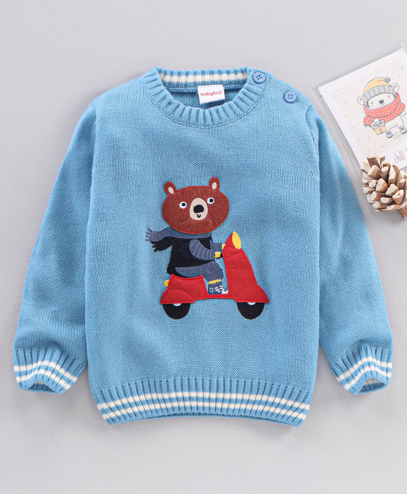 Babyhug Full Sleeves Knit Sweater 3D Bear Applique - Blue-image-16
