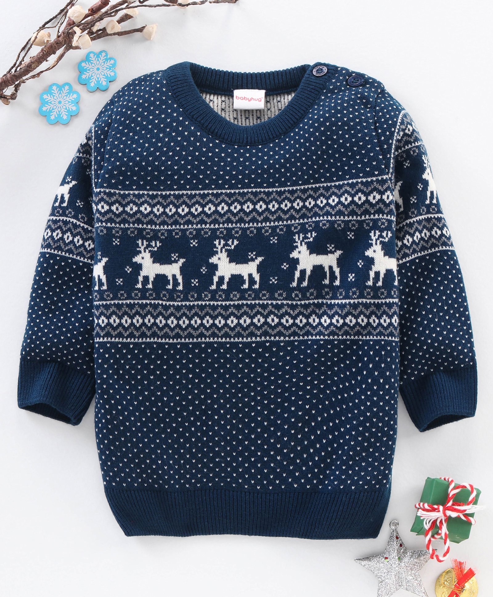 Babyhug Full Sleeves Knit Sweater Intarsia Design - Navy Blue-image-0