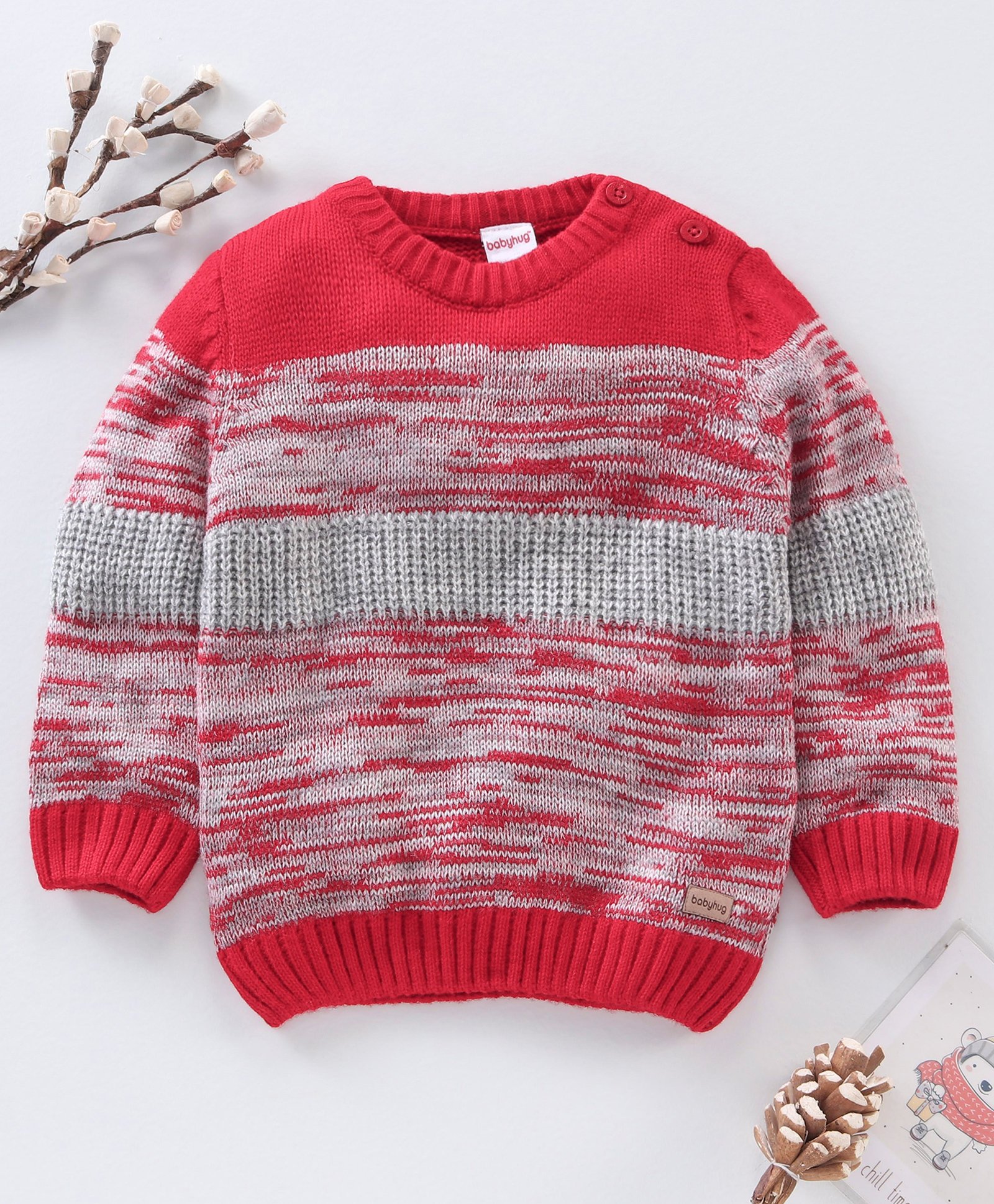 Babyhug Full Sleeves Cable Knit Sweater Color Block Design - Red-image-14