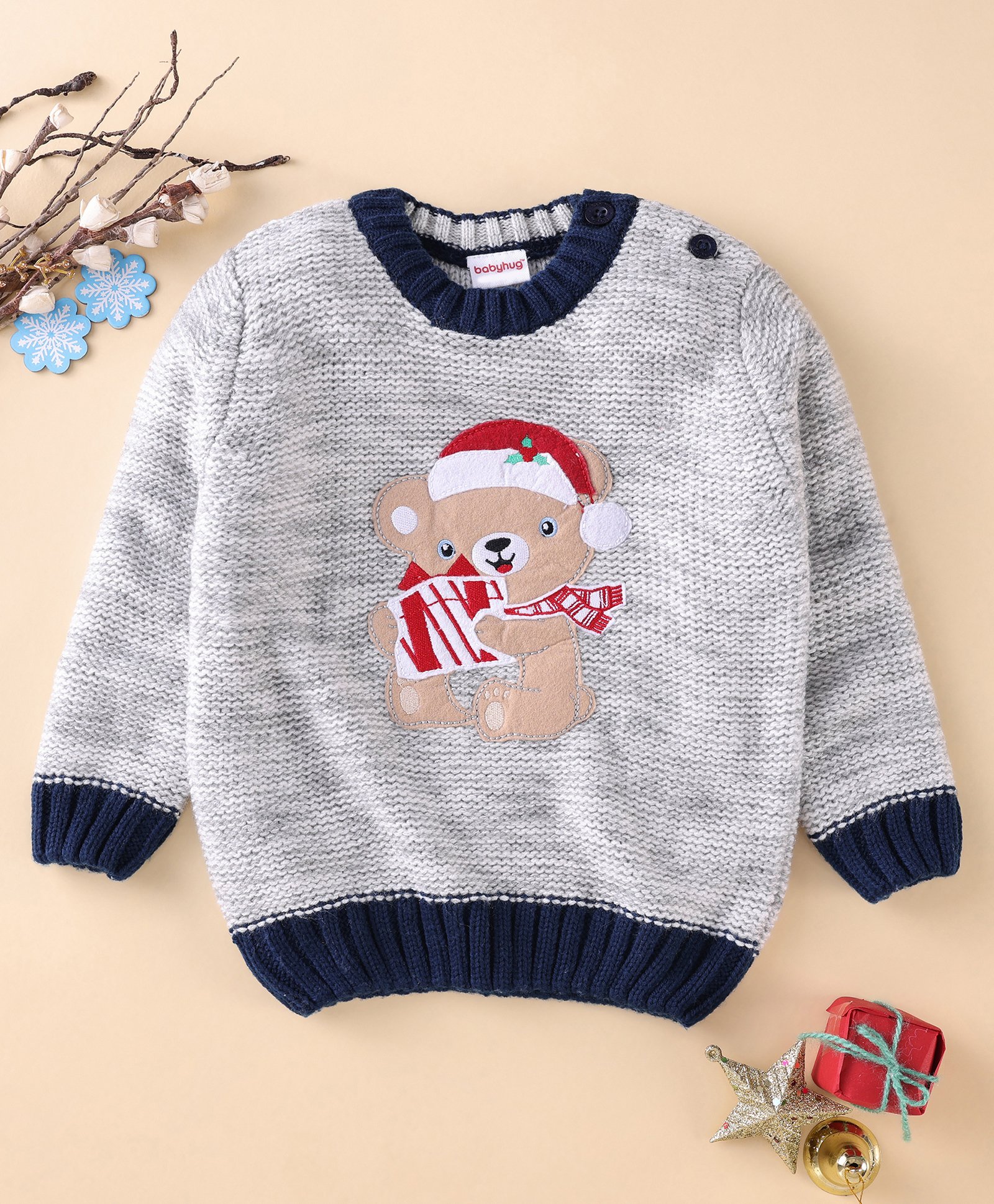 Babyhug Acrylic Knit Full Sleeves Pullovers Sweaters Bear Applique - Grey-image-6