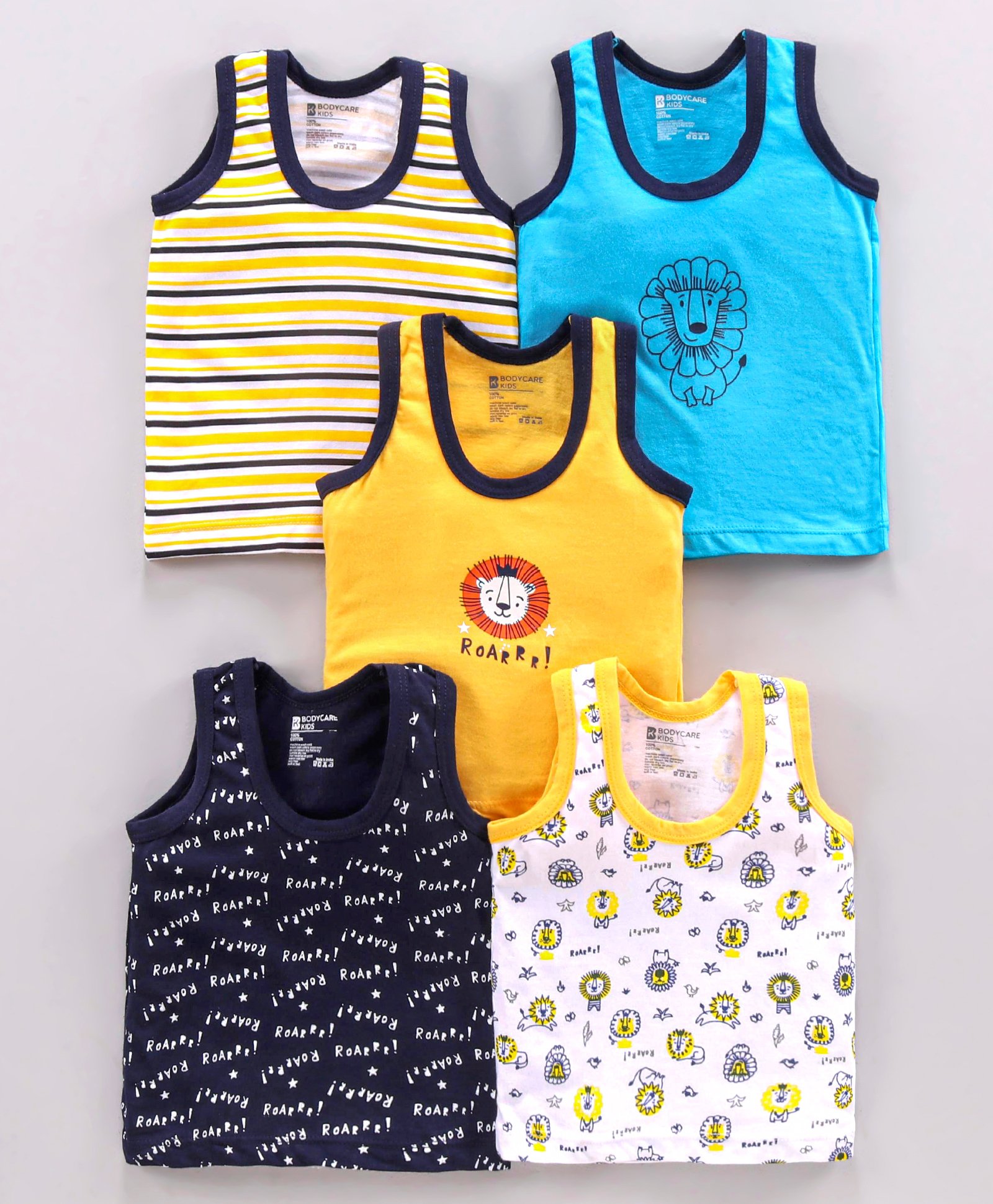 Bodycare Cotton Knit Sleeveless Text Printed & Striped Vest Pack Of 5 - Multicolout-picture-27