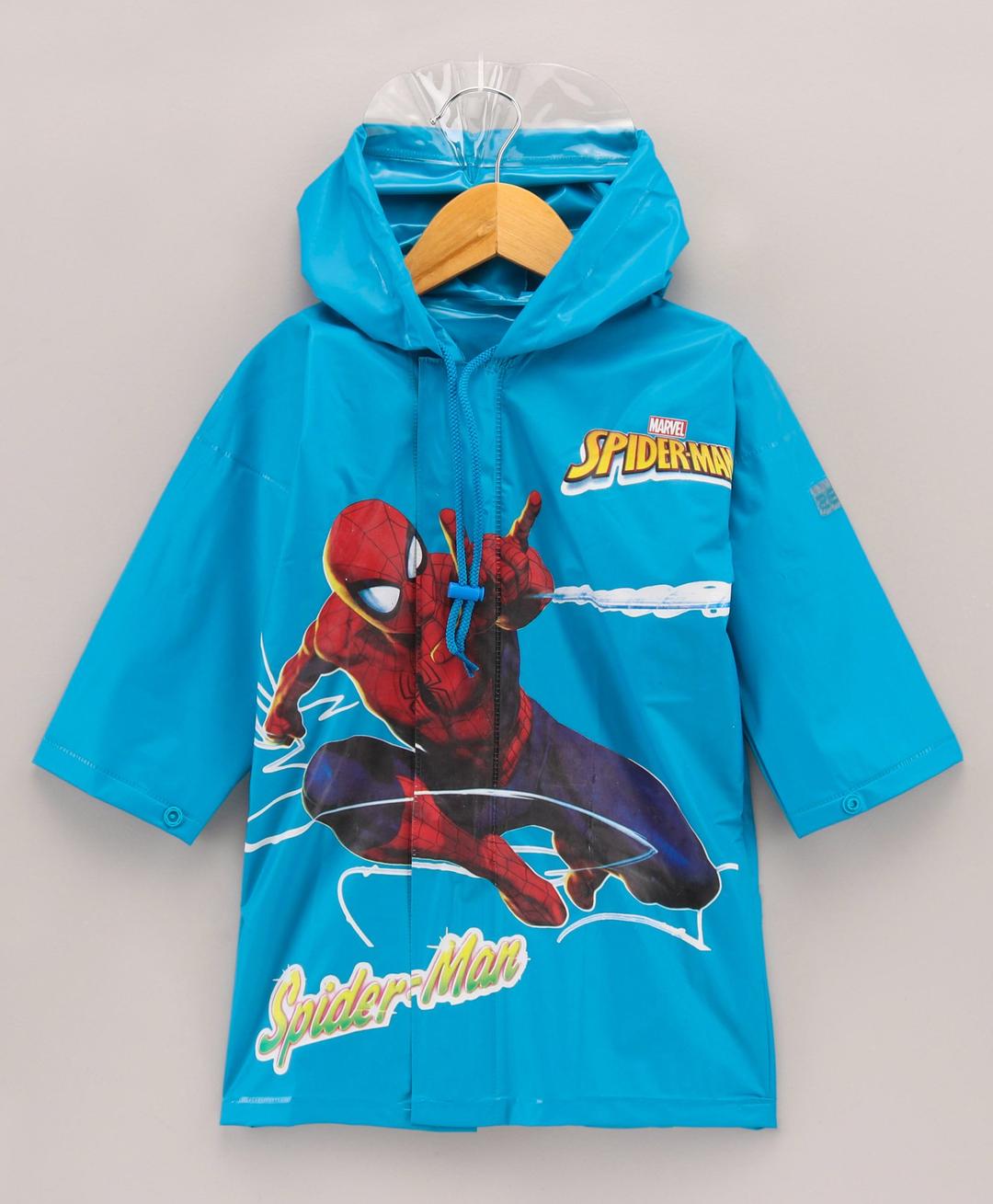 Babyhug PVC Full Sleeves Hooded Raincoat Spiderman Print - Blue
