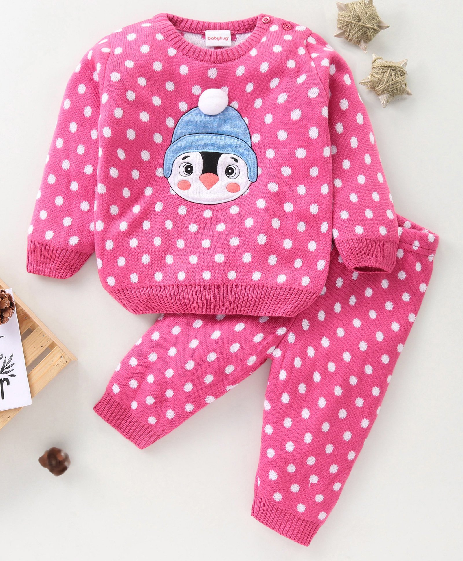 Babyhug Full Sleeves Sweater Set Polka Dot & Penguin Design- Pink-picture-25
