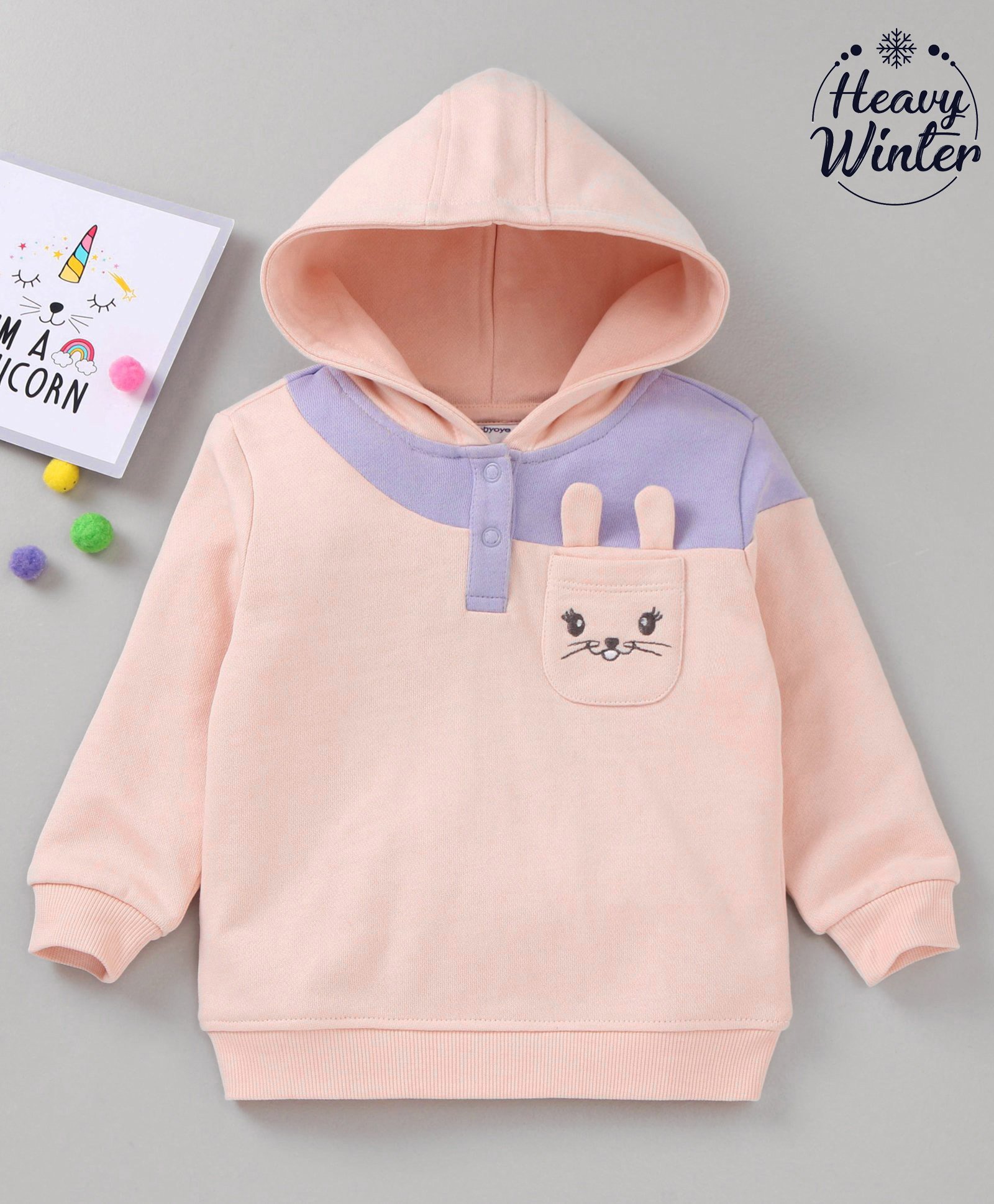 Babyoye Cotton Knit Brushed Fleece Full Sleeves Hooded Printed Sweatshirt - Pink-picture-31