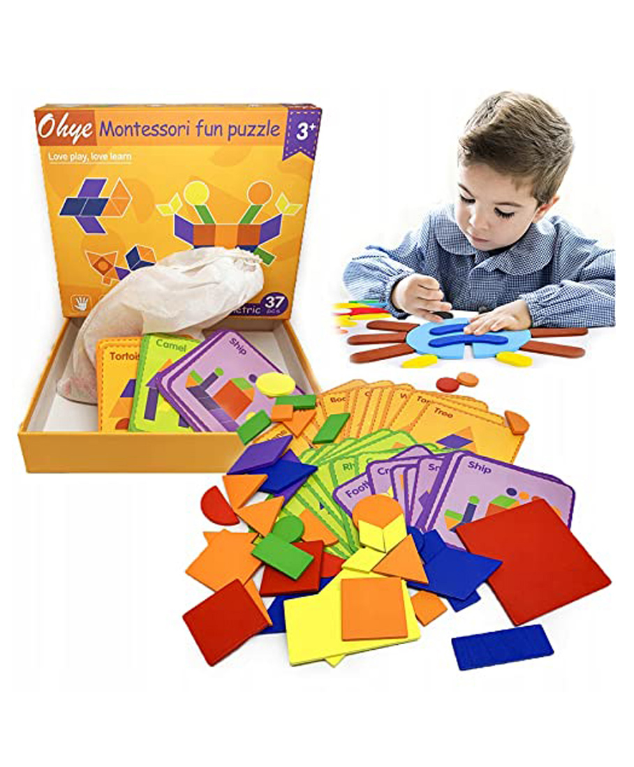 PLUSPOINT Wooden Pattern Blocks Board Puzzle Sorting & Stacking Games Multicolor - 68 Pieces-image-25