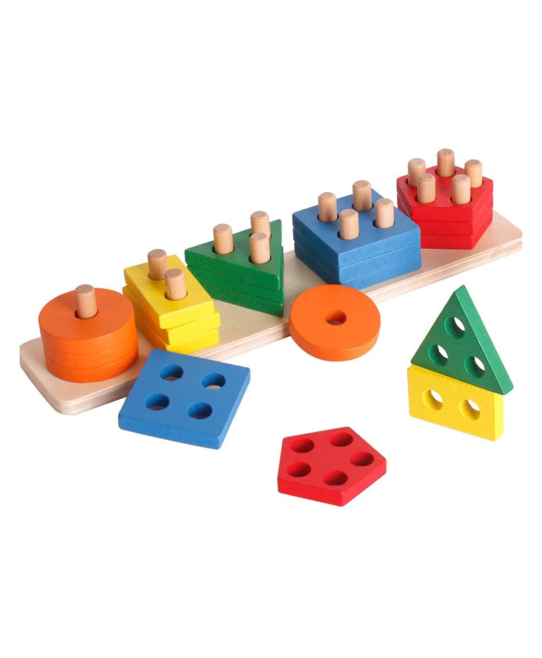PLUSPOINT Educational Kit Toy for Kids Wooden Shape Color Sorting Preschool Stacking Blocks Toddler Puzzles Toys-image-15