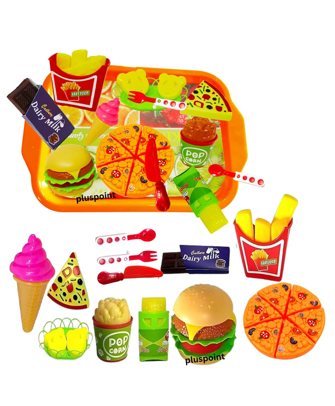 PLUSPOINT Pretend Fast Food Playset, Plastic Kitchen Toys Set of 20 - Multicolour