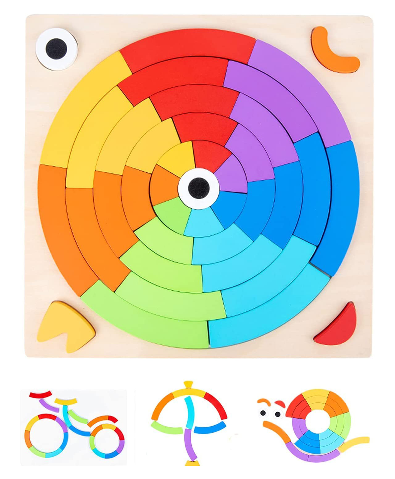 PLUSPOINT Wooden Rainbow Stacker Pattern Blocks Shape Puzzle Set Color Sorting Montessori Educational Game-picture-27