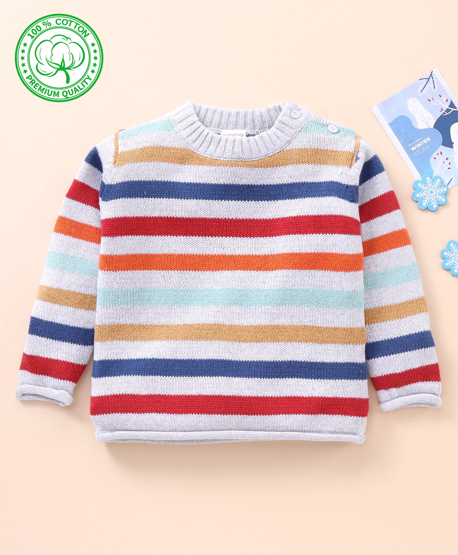 Babyhug 100% Organic Cotton Full Sleeves Pullovers Striped Sweater - Multicolour-image-12