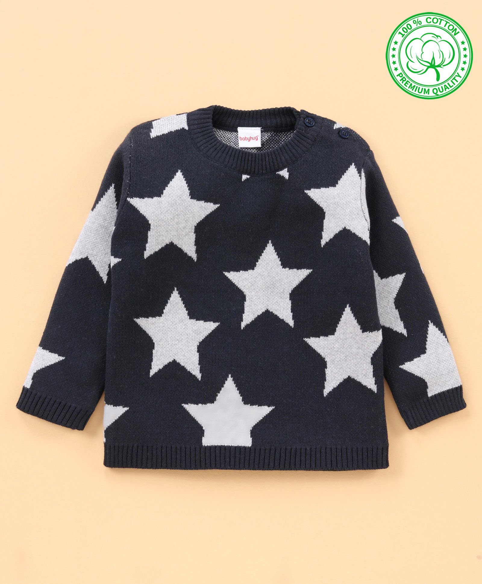 Babyhug 100% Organic Cotton Full Sleeves Sweater - Navy Grey-image-48
