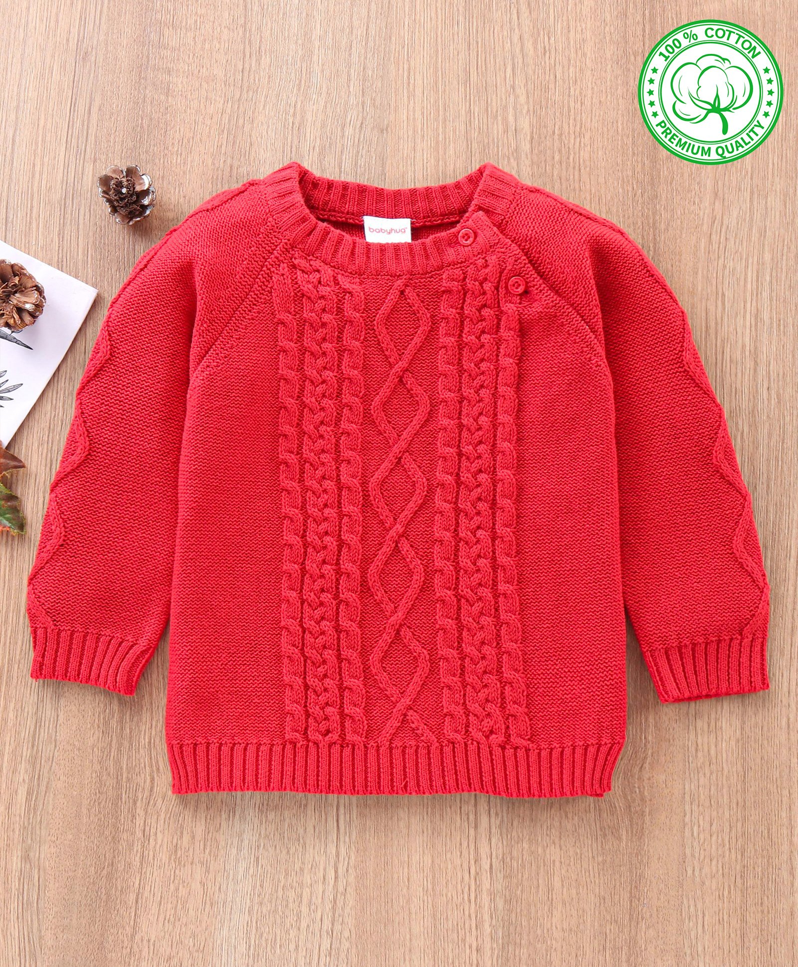 Babyhug 100% Organic Cotton Full Sleeves Cable Knit Sweater - Red-image-22