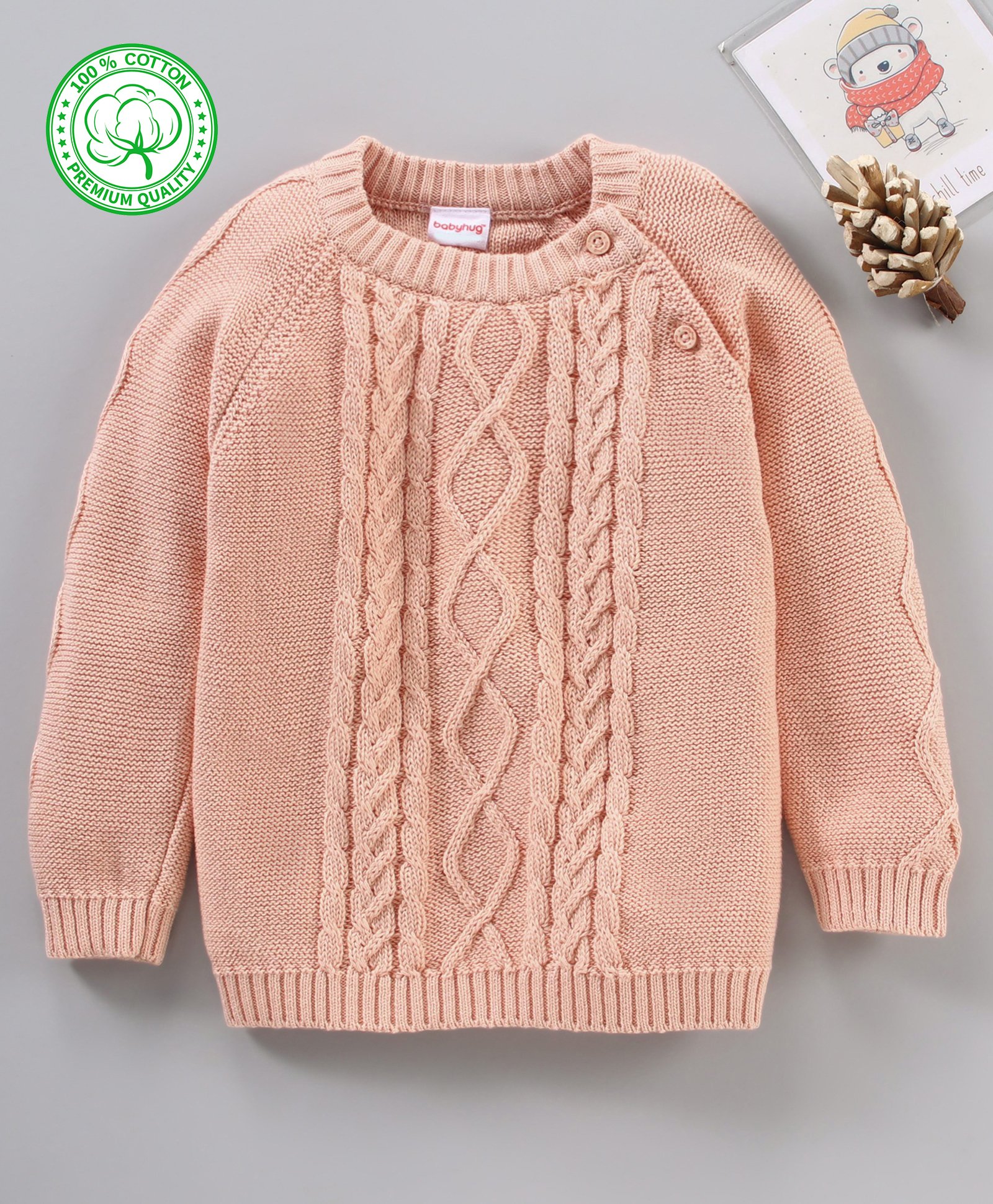 Babyhug Cotton Knit Full Sleeves Cable Knit Sweater - Pink-image-7