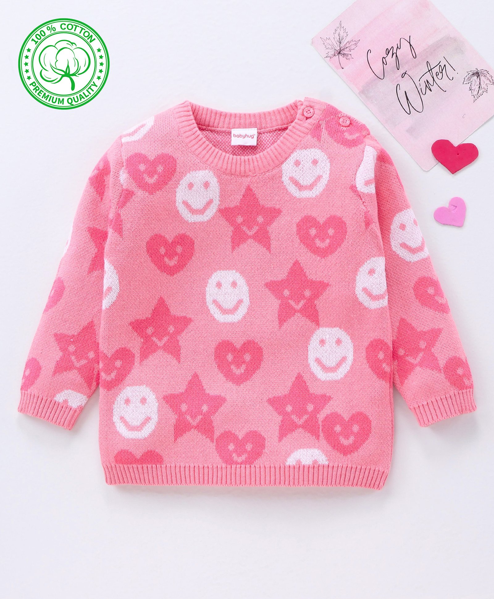 Babyhug 100% Organic Cotton Full Sleeves Pullovers Smily Design - Pink-image-23