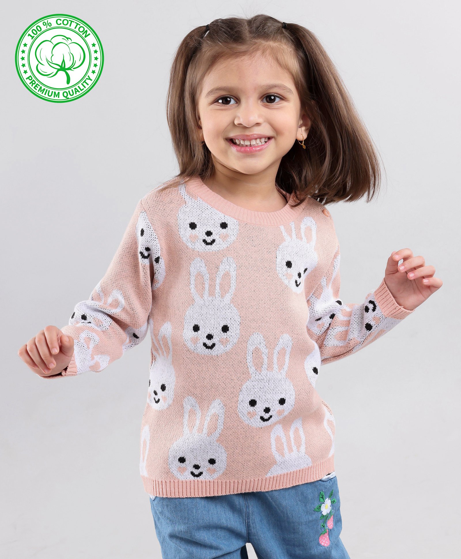 Babyhug 100% Organic Cotton Full Sleeves Pullover Sweater Bunny Design - Pink-image-19