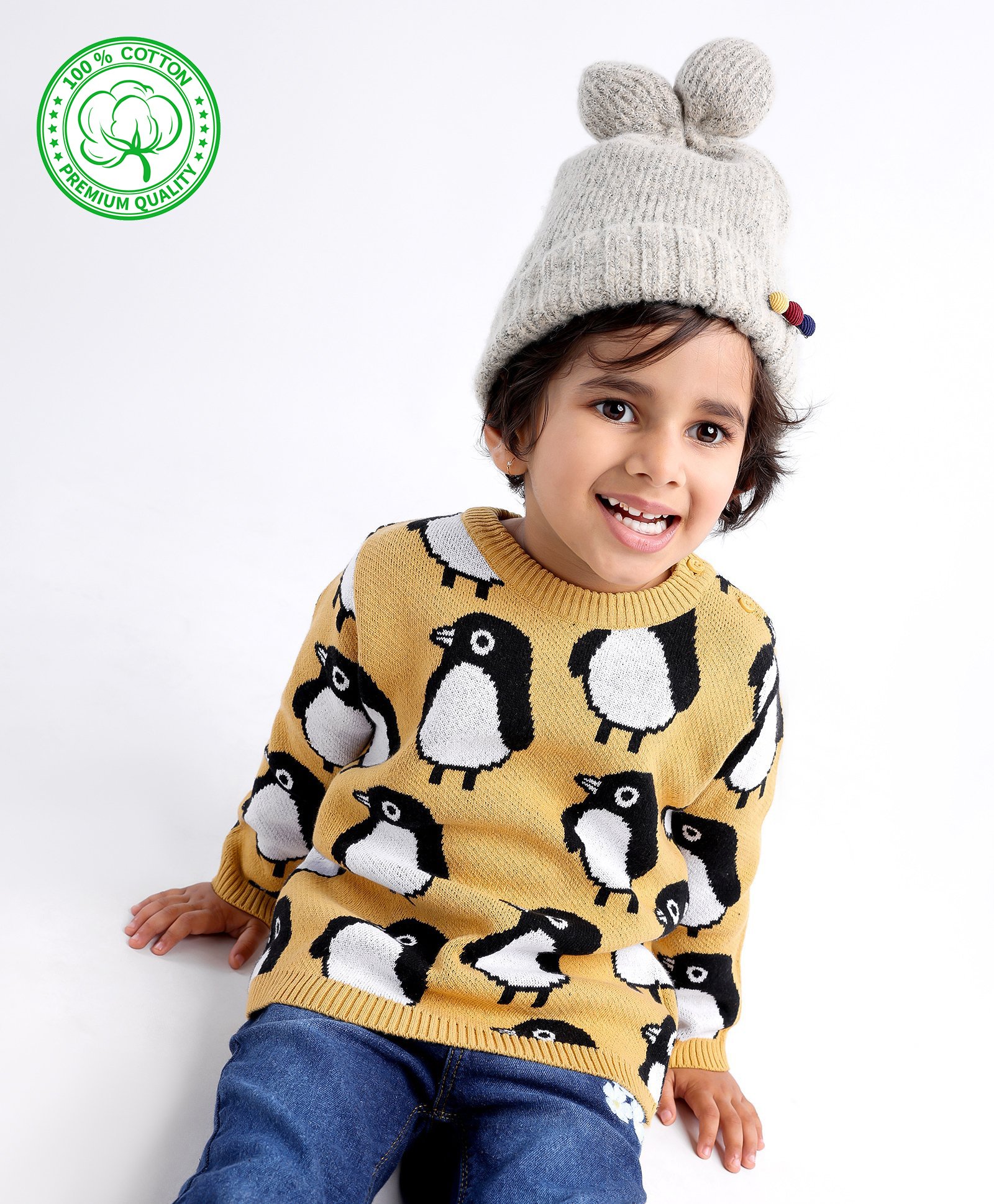 Babyhug 100% Organic Cotton Knit Full Sleeves Sweater Penguin Design- Yellow-image-40