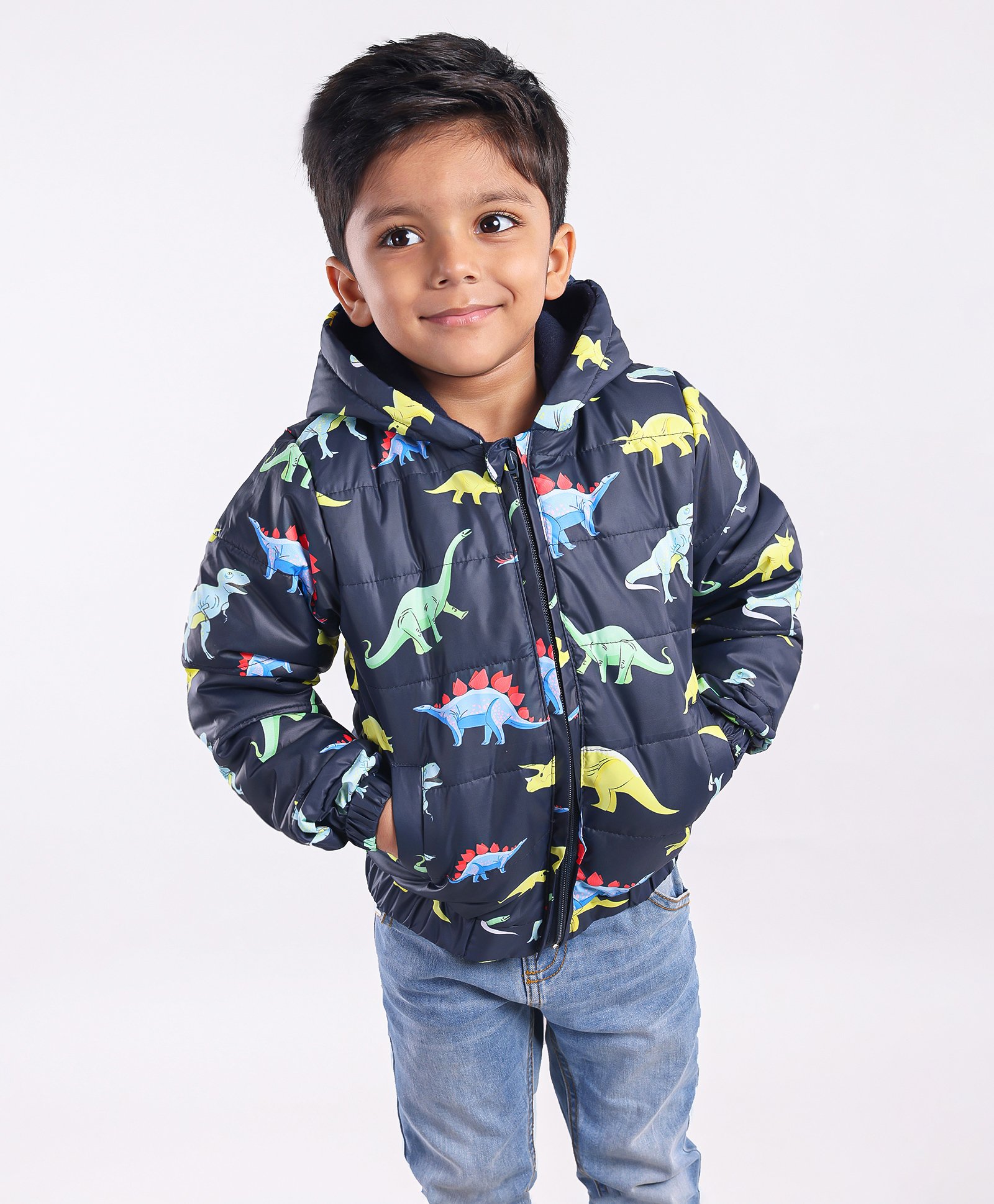 Babyhug Full Sleeves Hooded Fashion Heavy Winter Jacket Dinosaur Print - Navy Blue-image-28