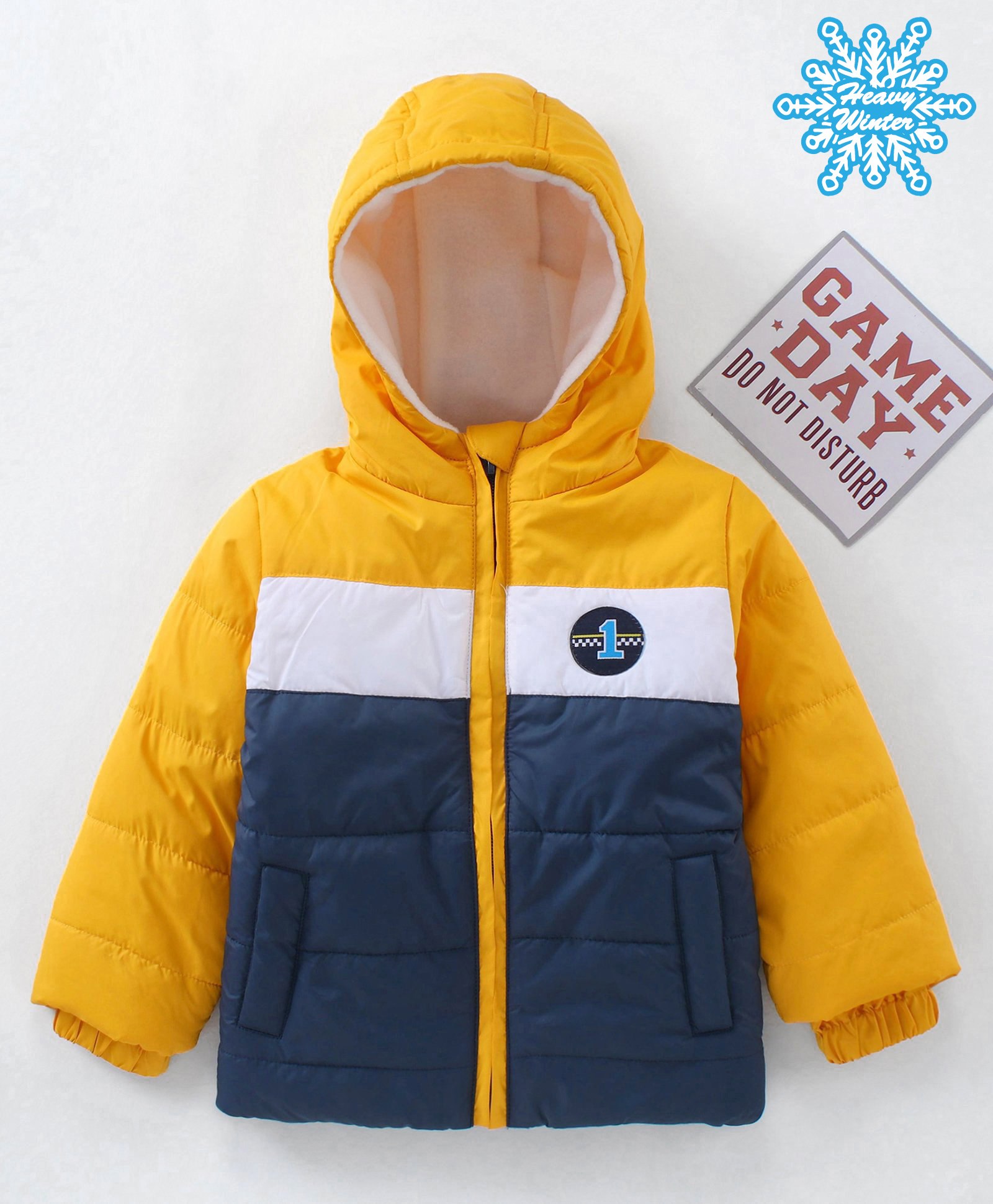 Babyhug Full Sleeves Color Block Hooded Fashion Heavy Winter Jacket - Yellow Navy Blue-image-37