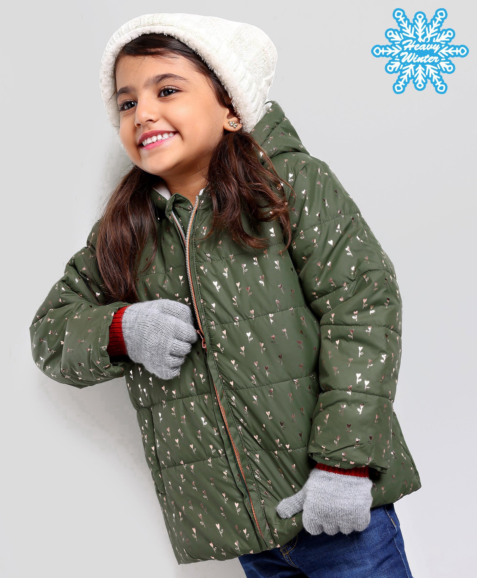 Babyhug Full Sleeves Hooded Fashion Heavy Winter Jacket Floral Print - Olive Green-picture-14
