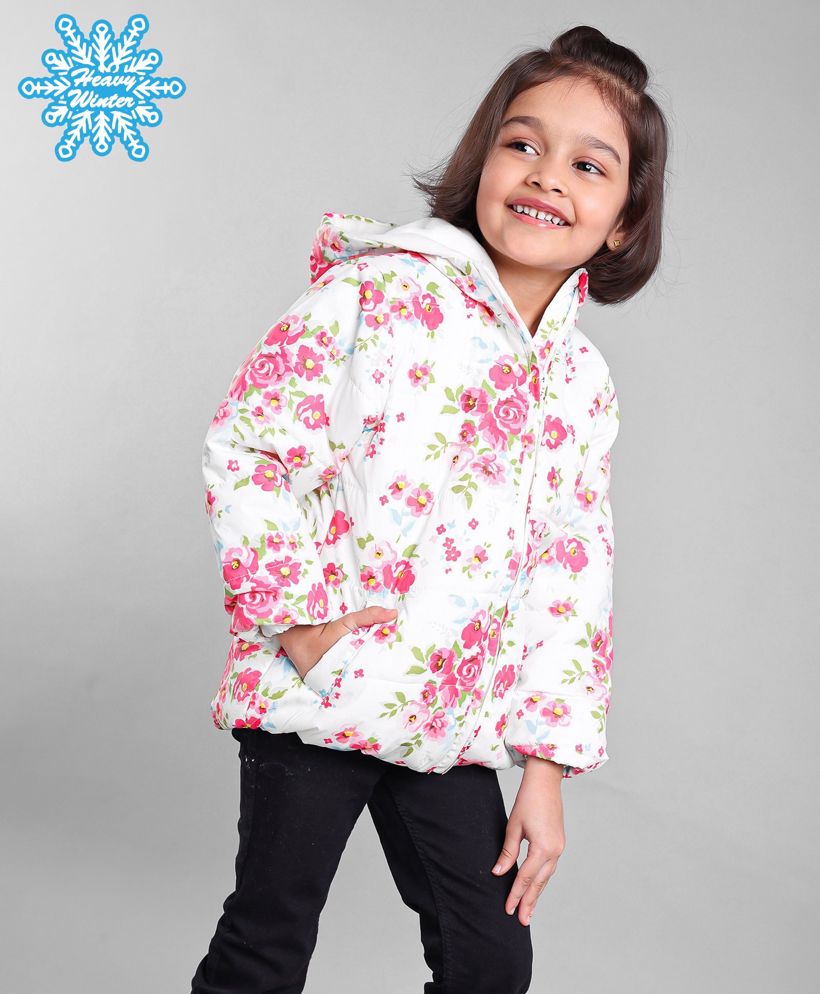 Babyhug Polyester Full Sleeves Hooded Fashion Heavy Winter Jacket Floral Print - Pink White-image-35