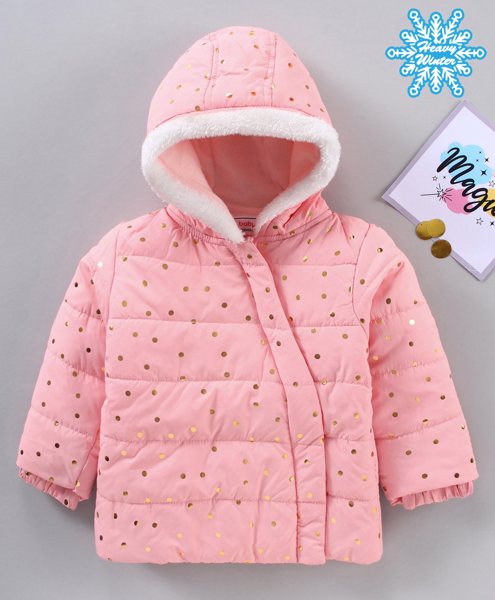 Babyhug Full Sleeves Hooded Fashion Heavy Winter Jacket Foil Print - Peach-image-28