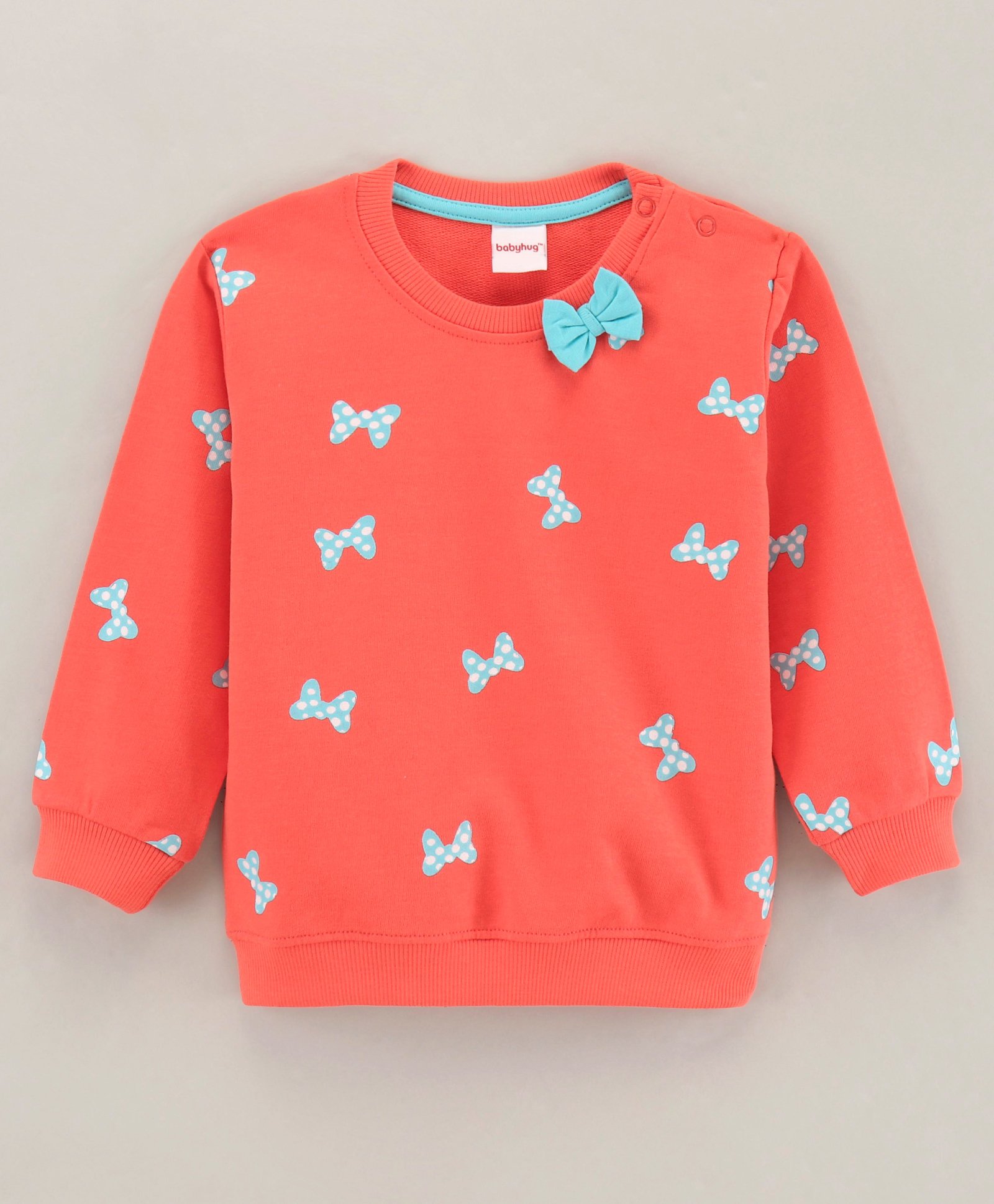 Babyhug Full Sleeves Cotton Knit Sweatshirt Bow Print & Bow Applique - Coral Pink-picture-13