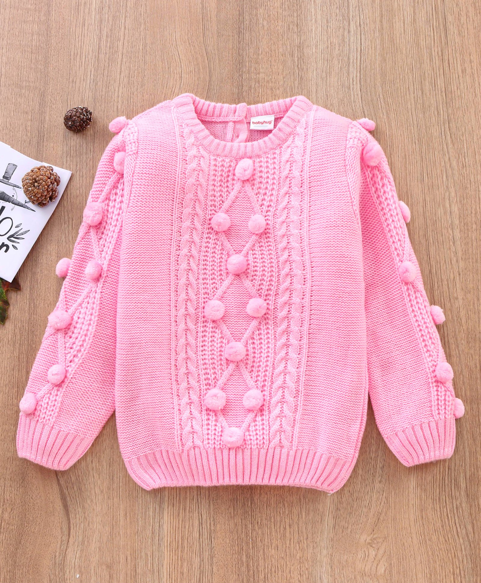 Babyhug Full Sleeves Cable Knit Sweater- Pink-image-1