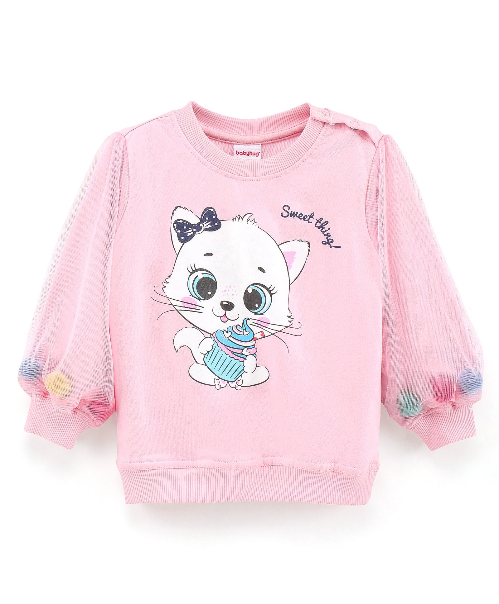 Babyhug Full Sleeves Sweatshirt With Graphics And Pom Pom With Mesh Details at Sleeves- Light Pink-image-28