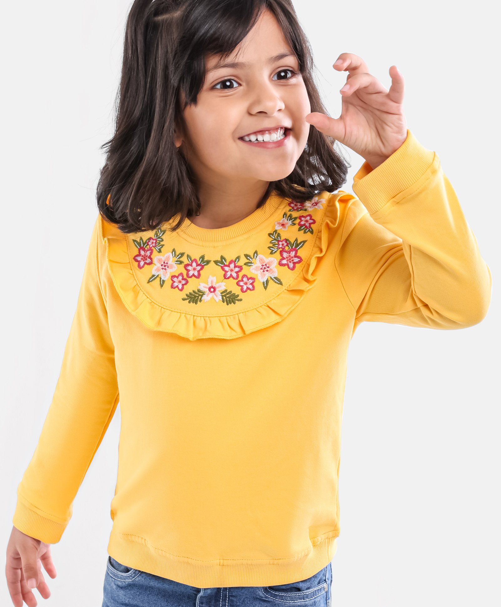 Babyhug Full Sleeves Cotton Knit Sweatshirt With Floral Embroidery & Frill Detailing - Mustard Yellow-picture-10