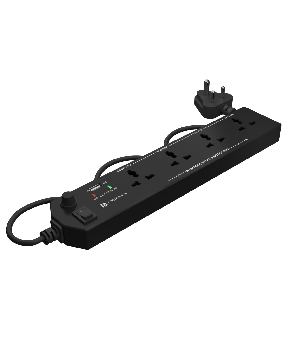 PORTRONICS Power Plate 4 With Socket & USB Charger - Black-image-2