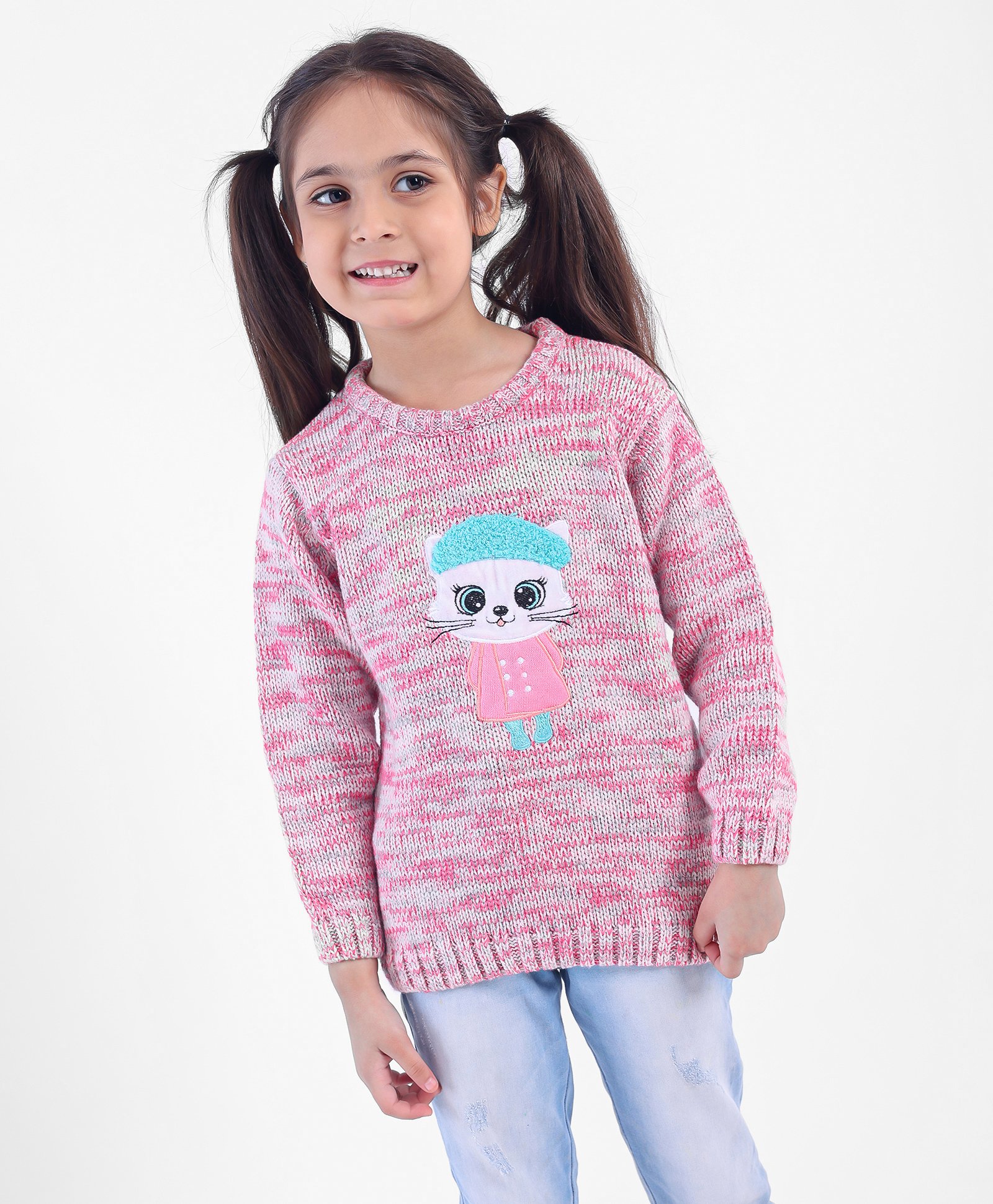 Babyhug Full Sleeves Pullover Heavy Gauge Sweater Kitty Applique - Pink-image-0