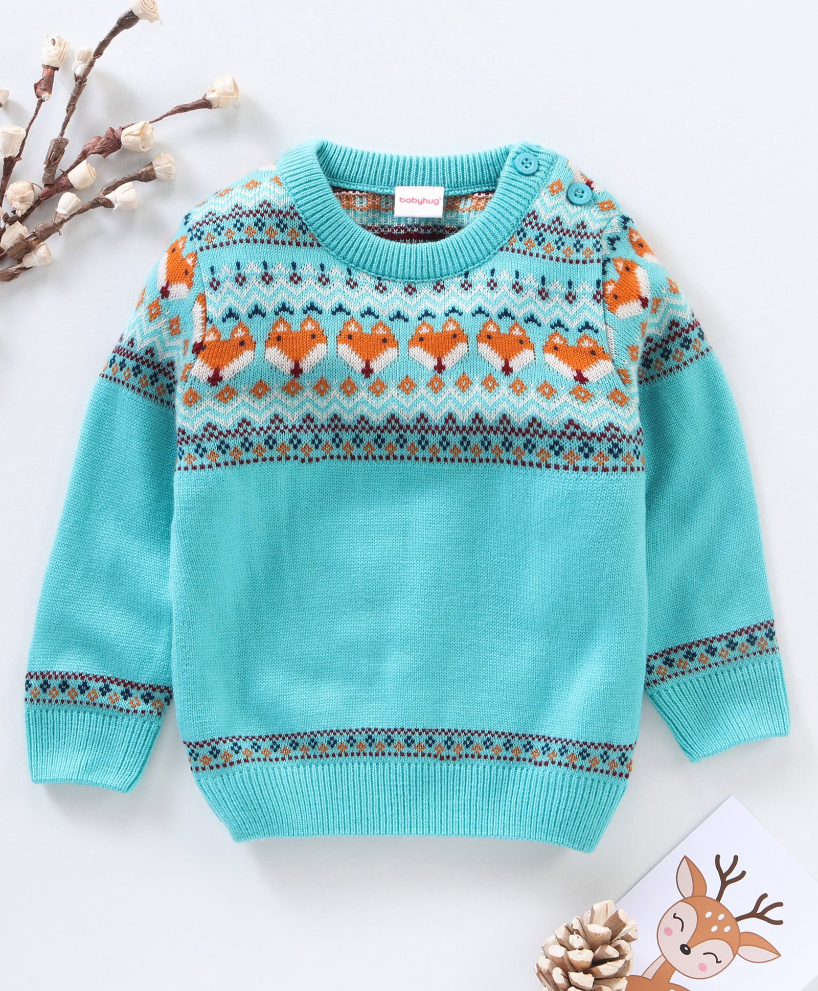 Babyhug Full Sleeves Jacquard Knit Pullover Fox Print - Blue-image-40