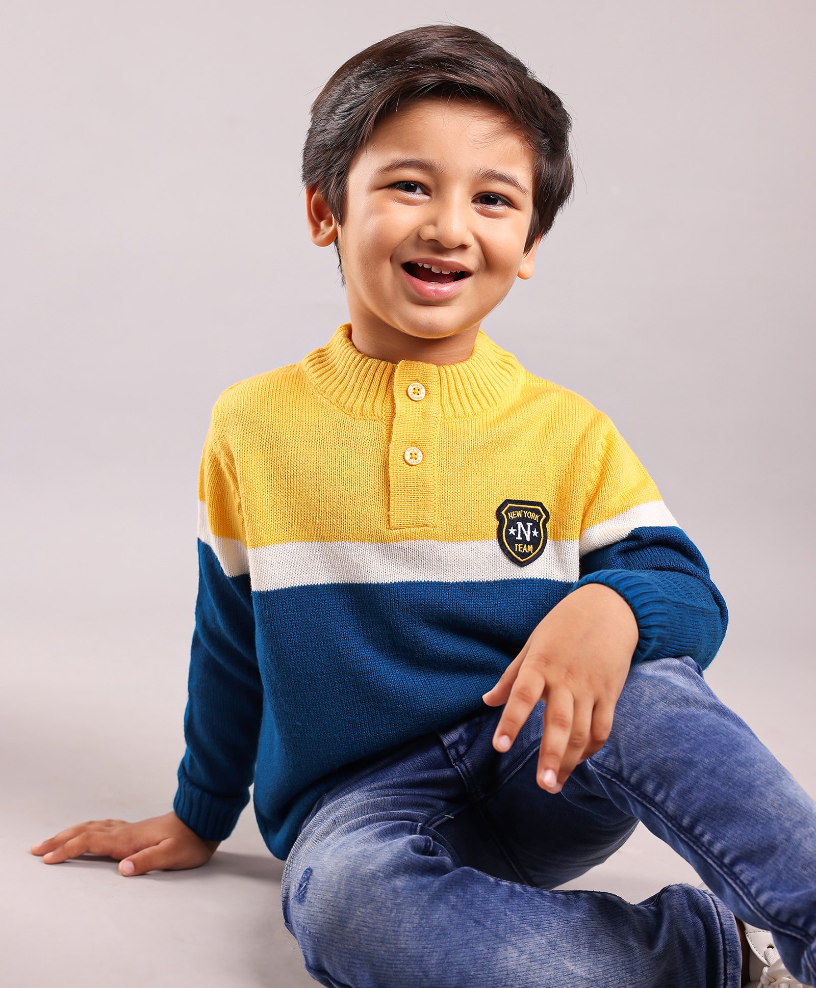 Babyhug Cotton Knit Full Sleeves Color Block Henley Sweater - Yellow and Blue-image-7