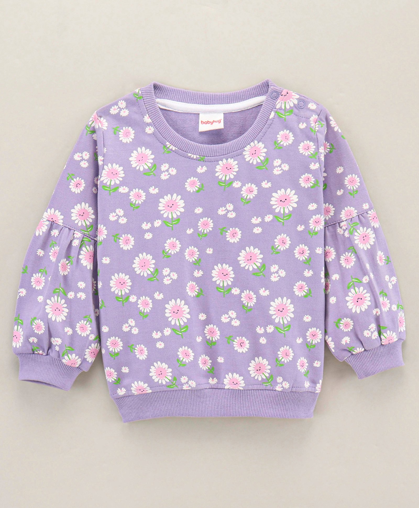 Babyhug Full Sleeves Cotton Sweatshirts Floral Print With Balloon Sleeves - Light Purple-image-2