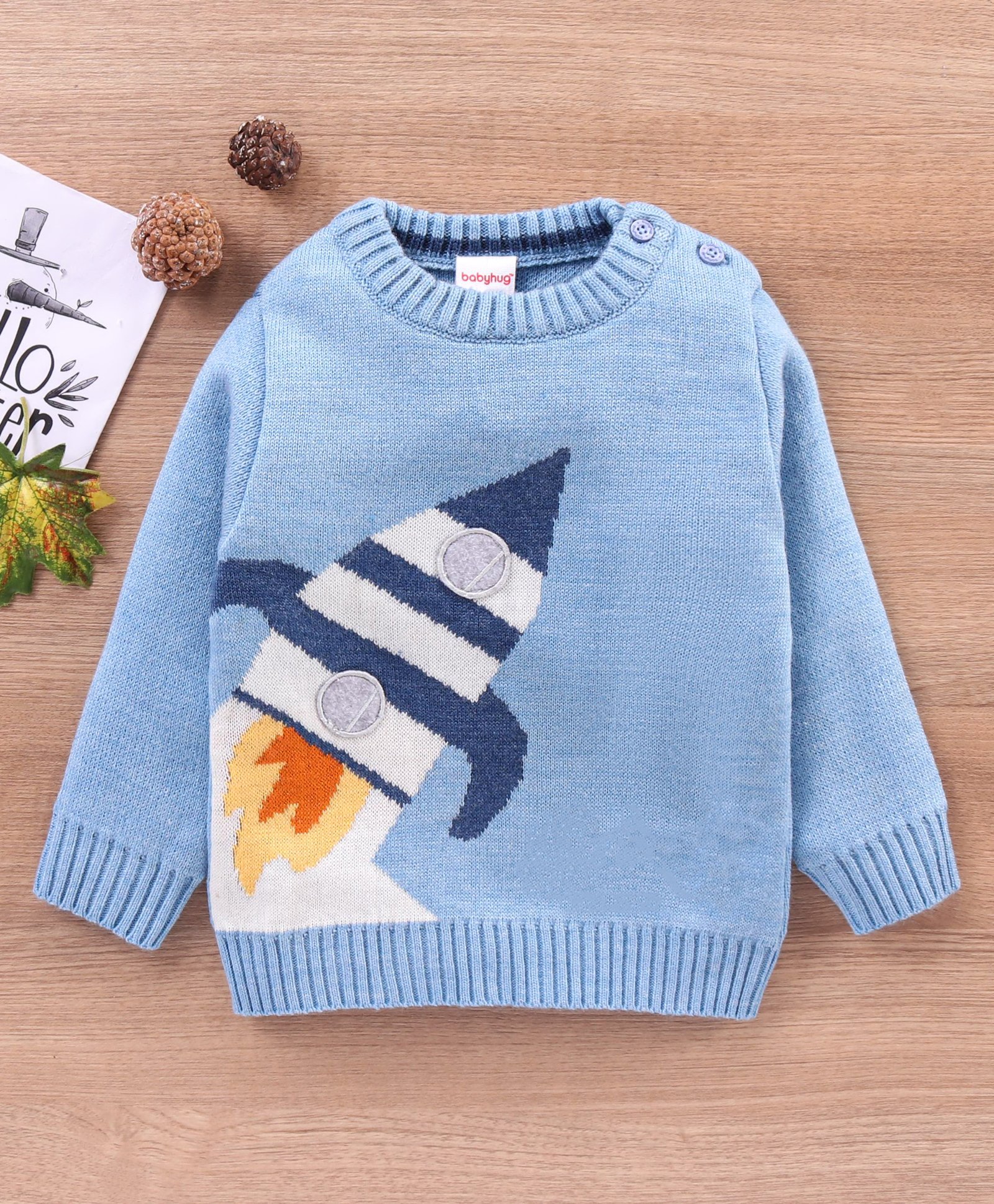 Babyhug Acrylic Full Sleeves Sweater Rocket Print - Light Blue-image-43