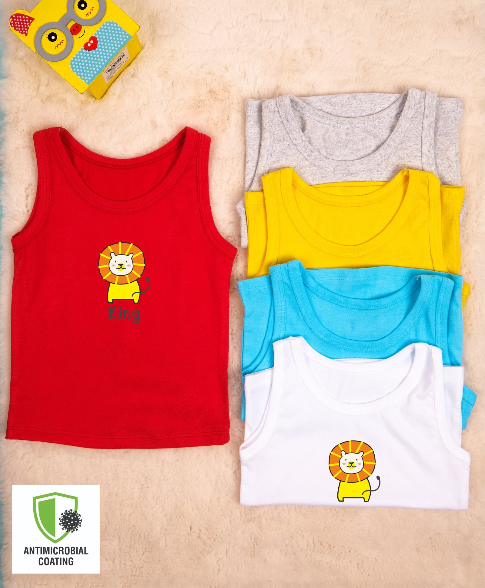COCOON ORGANICS Pack Of 5 Sleeveless Lion Print Vest - Red Blue White Yellow Grey-image-1