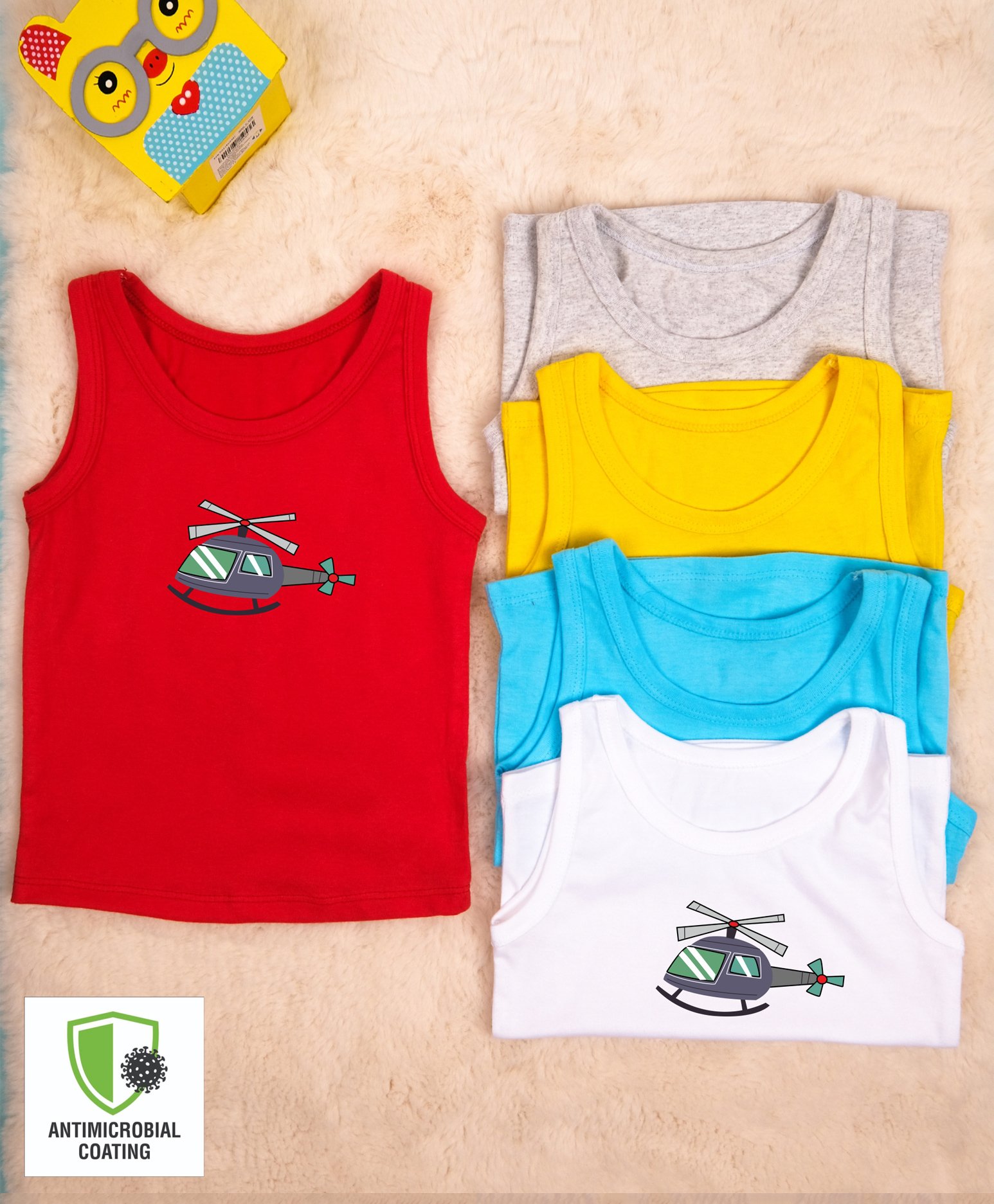 COCOON ORGANICS Sleeveless Pack Of 5 Helicopter Print Vests - Multi Color-image-0